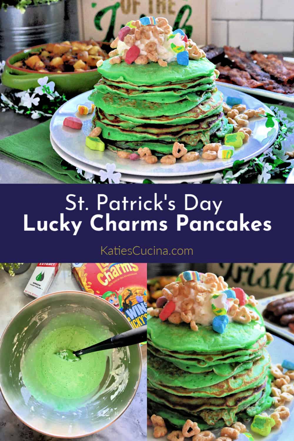 St. Patrick's Day Lucky Charms Pancakes Collage of 3 photos with text