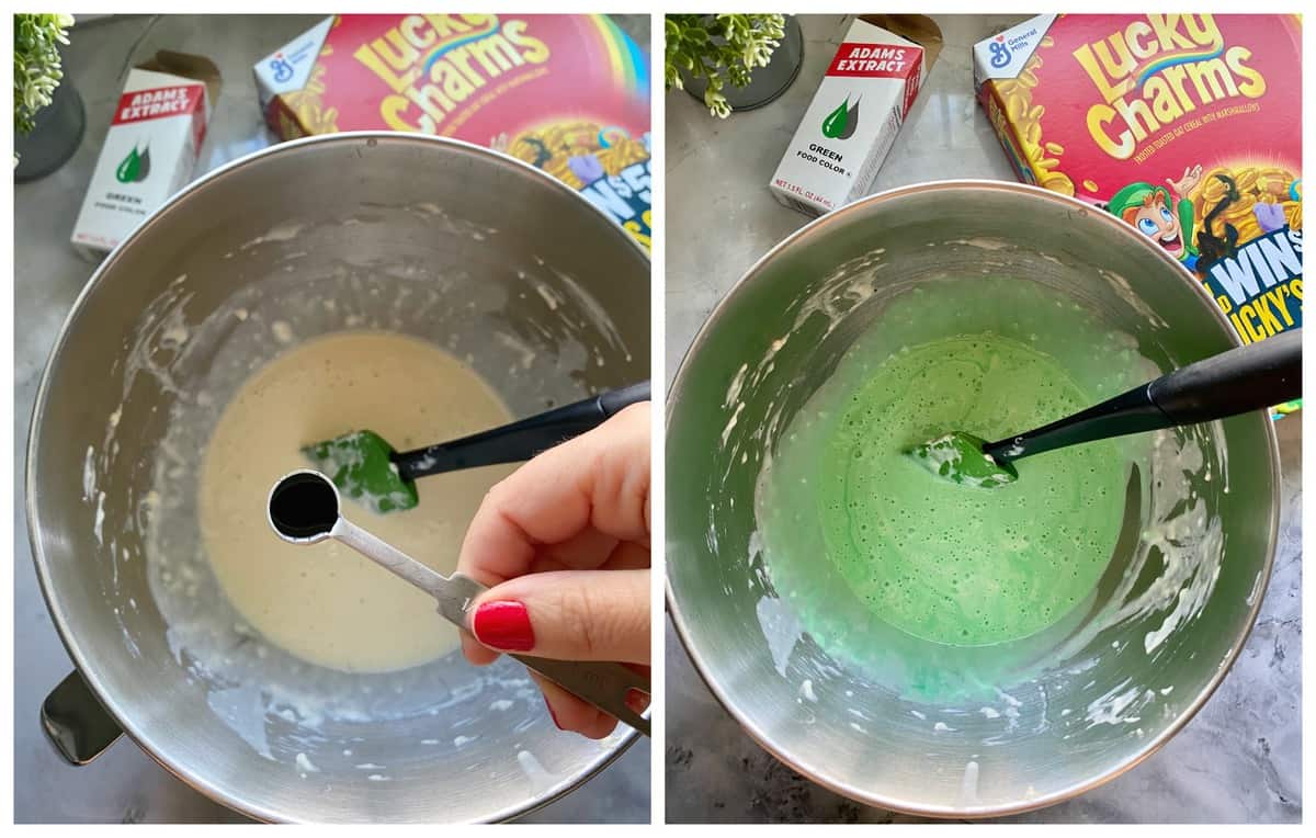 2 process photos showing pancake batter with and without green dye added.