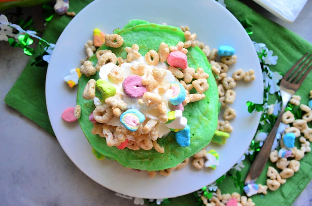 Top view of St. Patrick's Day Lucky Charms Pancakes