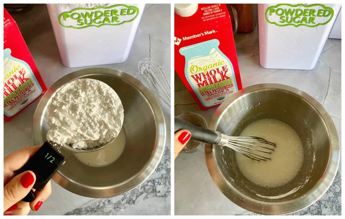 2 process photos of powdered sugar being added and whisked into organic whole milk.