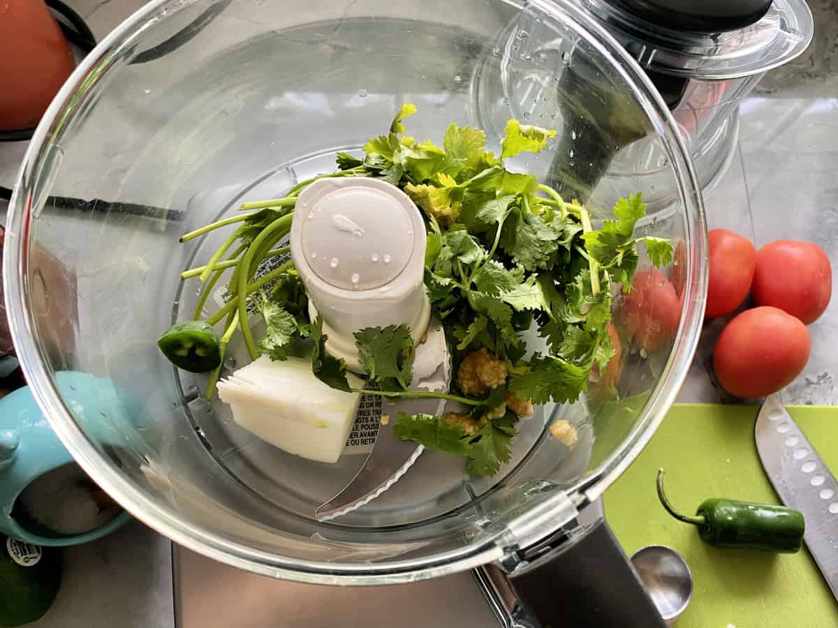 Cilantro and onion in the food processor