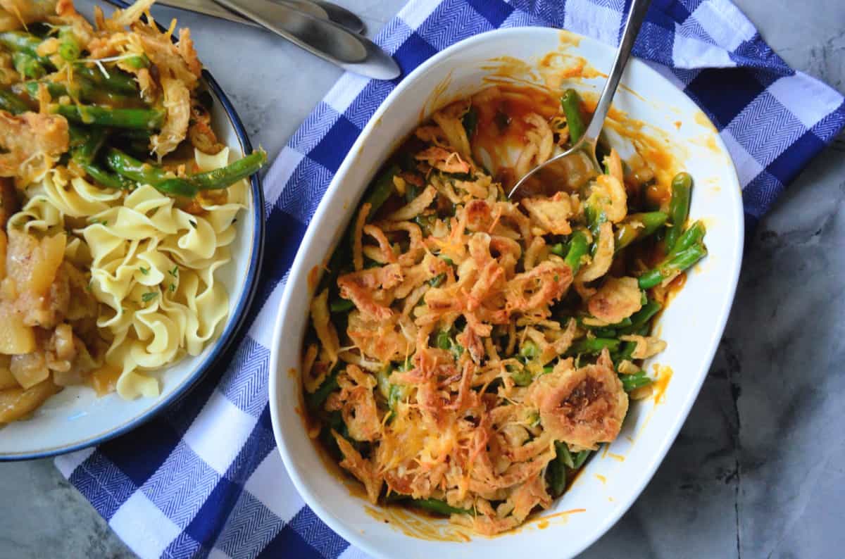 Top view of Golden Green Bean Casserole in a white baking dish.