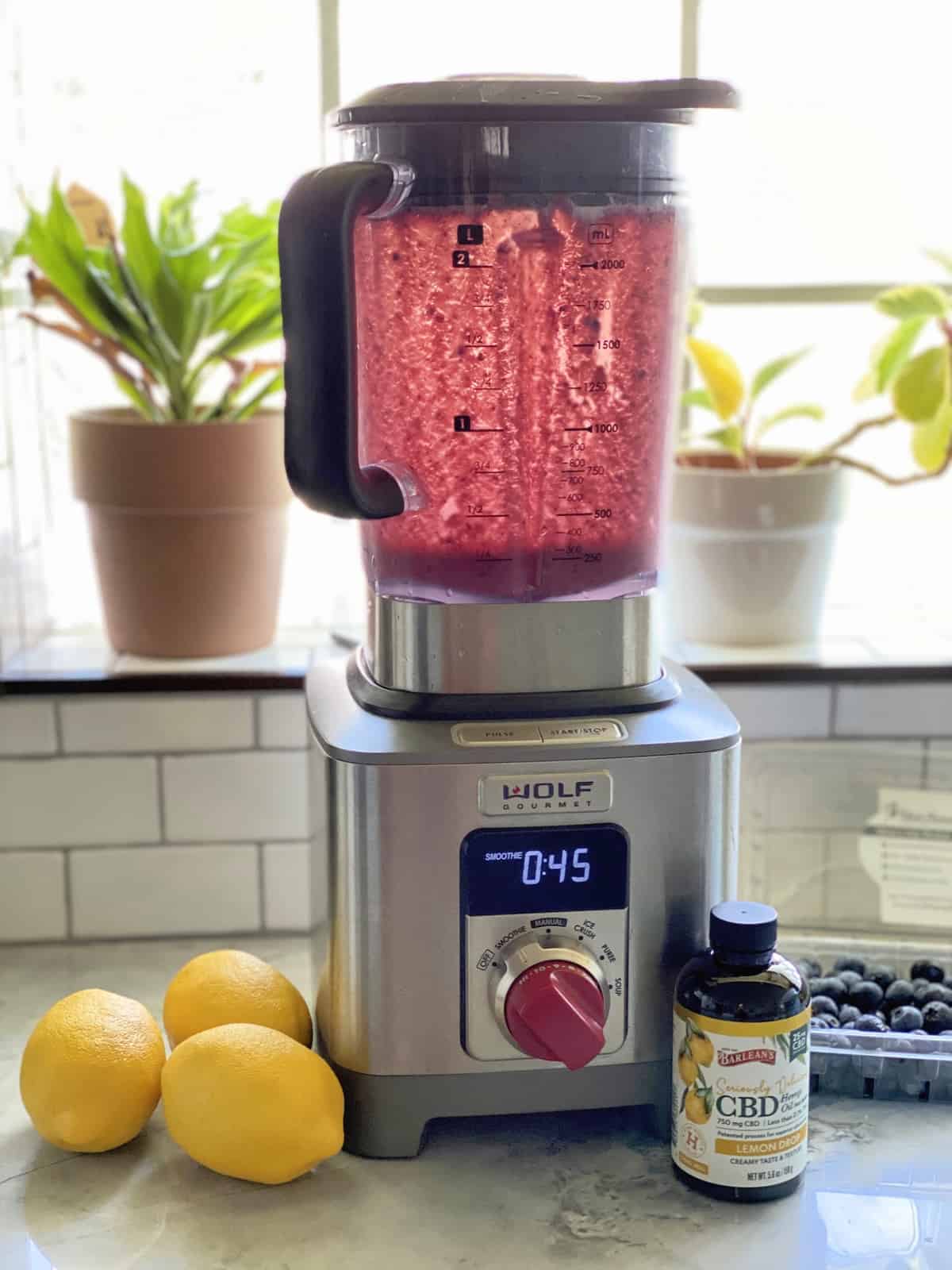 Blender with CBD Blueberry Lemon Smoothie remnants next to barlean's CBD oil, fresh lemons, and blueberries.