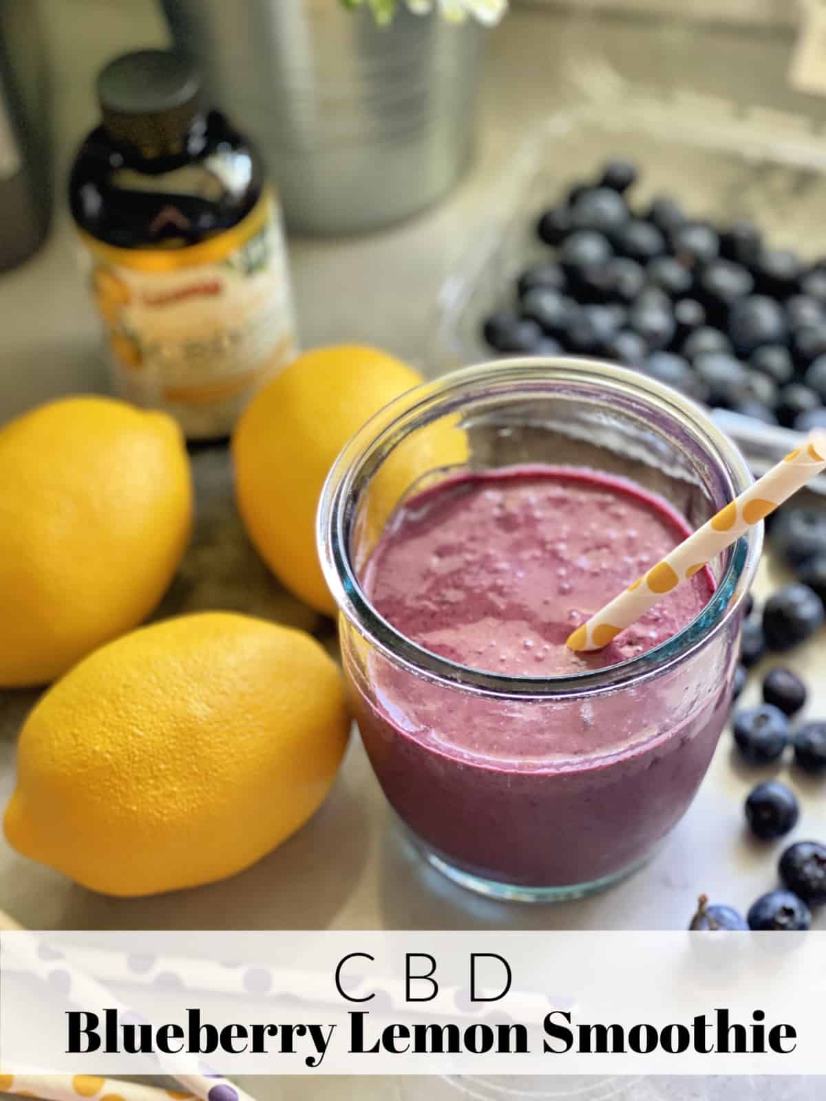 Purple Smoothie in glass with paper straw near fresh lemons and blueberries with title text.