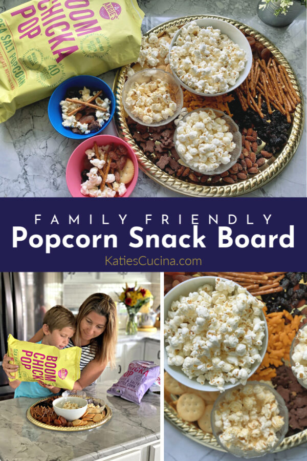 Popcorn Snack Board Photo Collage including Boom Chicka Pop and title text for pinterest.