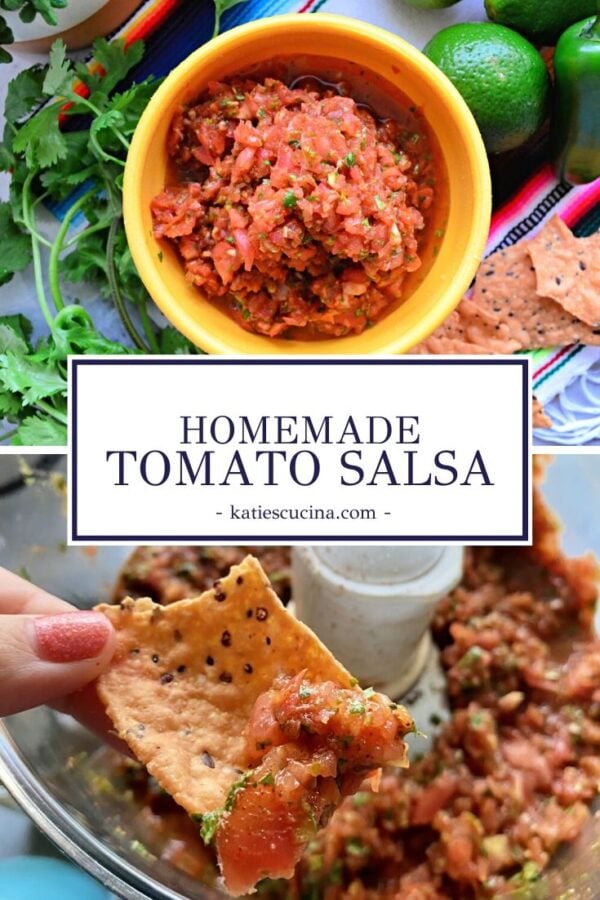 2 stages of homemade salsa recipe with title text.