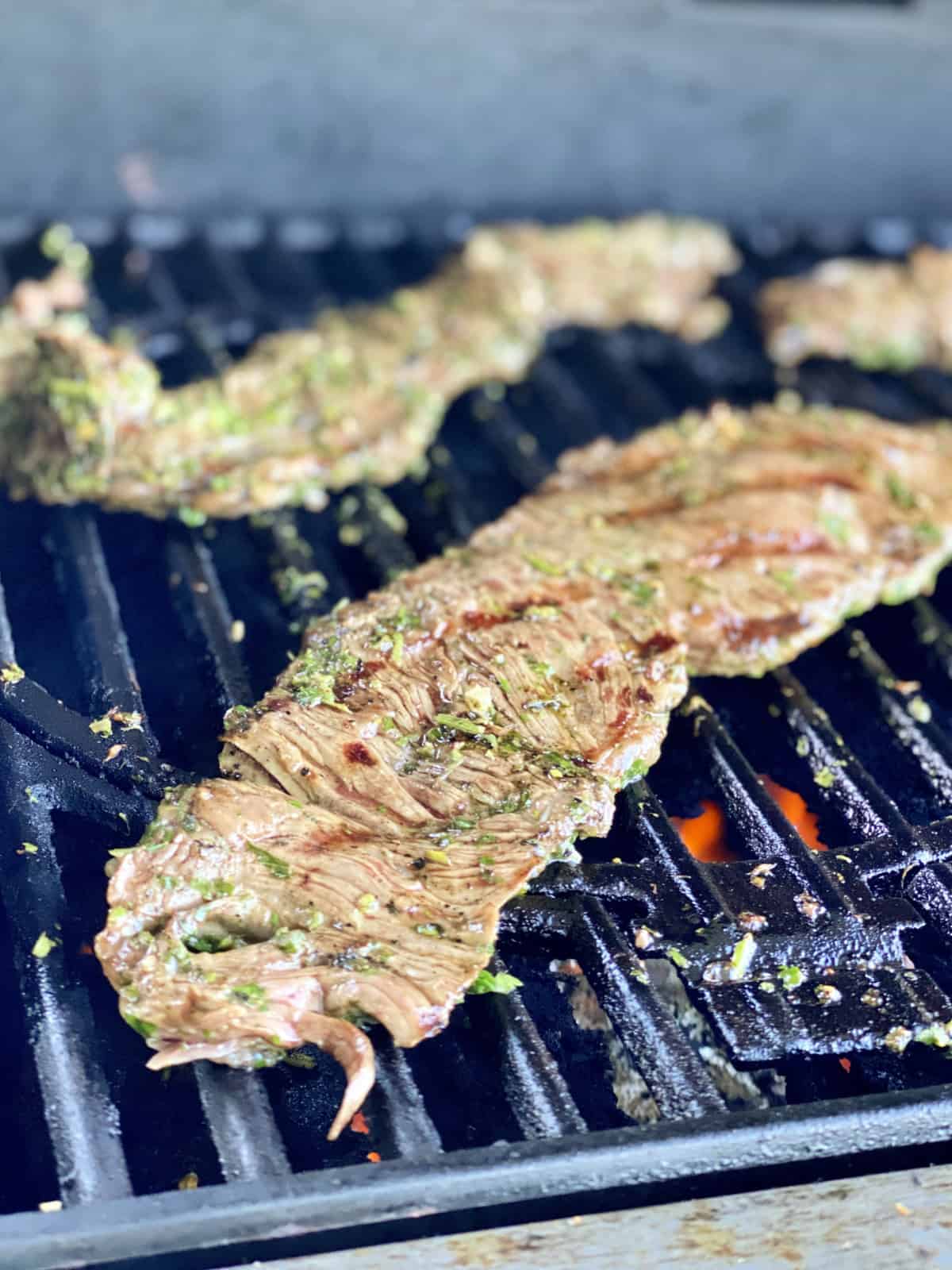 closeup piece of Grilled Skirt Steak with Chimichurri Sauce on the grill.