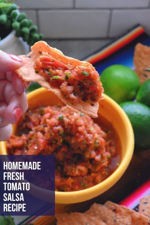 Manicured hand dipping tortilla chip into homemade salsa with title text for pinterest.