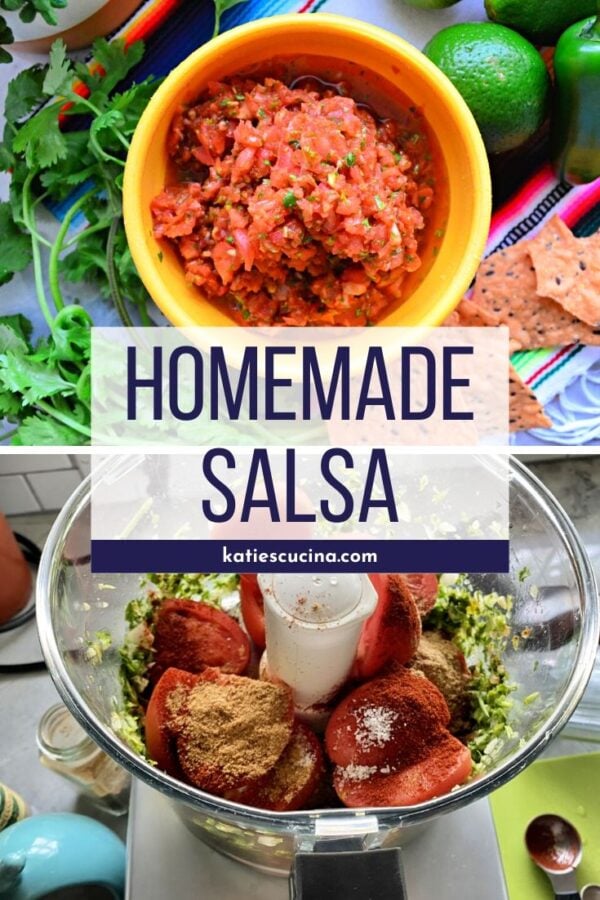 2 stages of homemade salsa recipe with title text for pinterest.