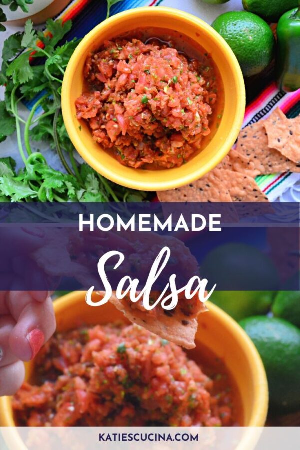 2 angles of homemade salsa with title text for pinterest.