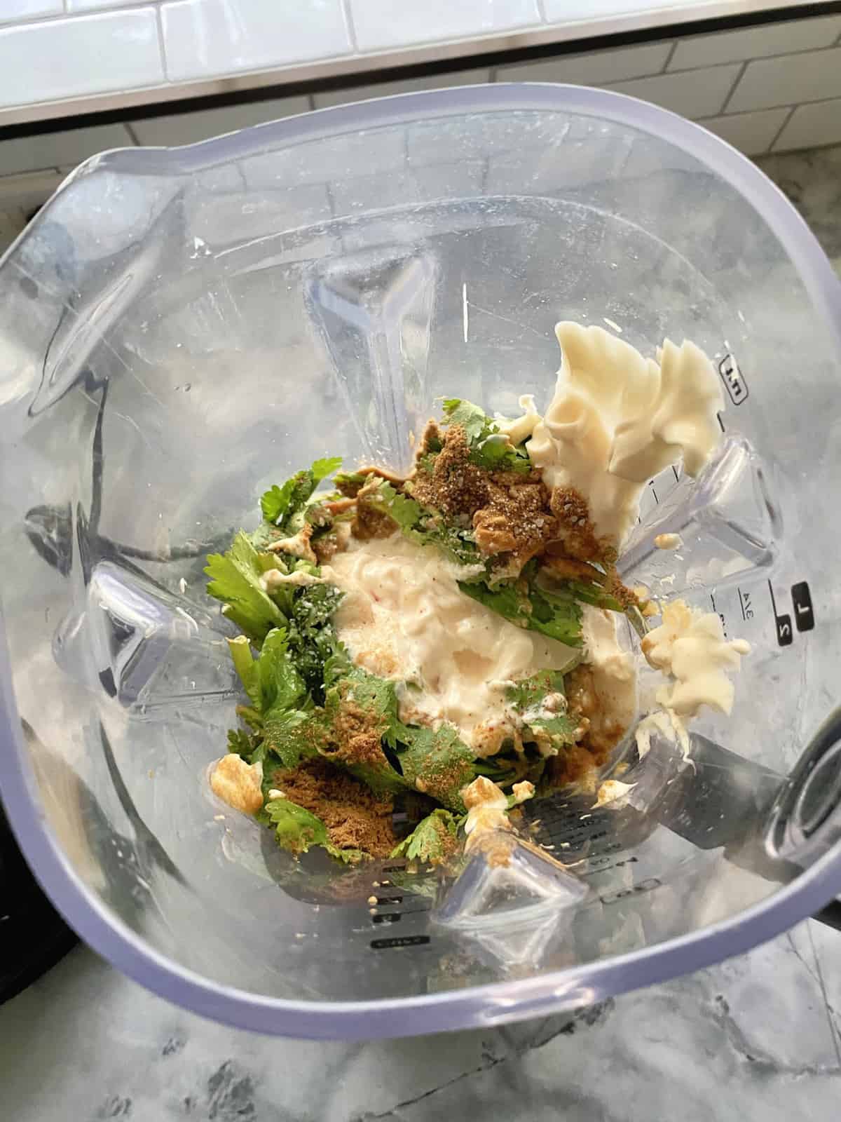 Top view of Ingredients in the blender for the Creamy Cilantro Dressing.