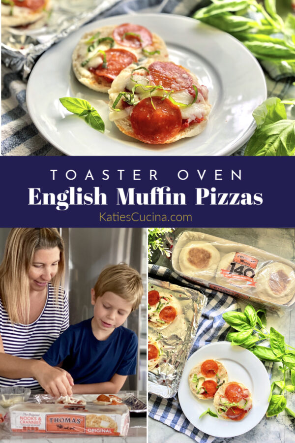 Collage of english muffin pizzas with kids creeating them and text on photo.