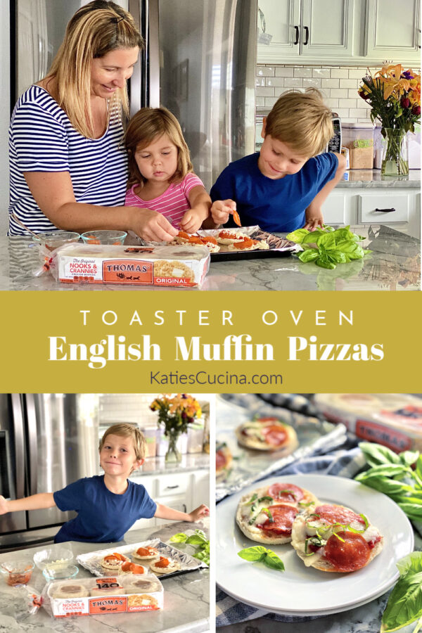 Collage of three photos with children creating English Muffin Pizzas.