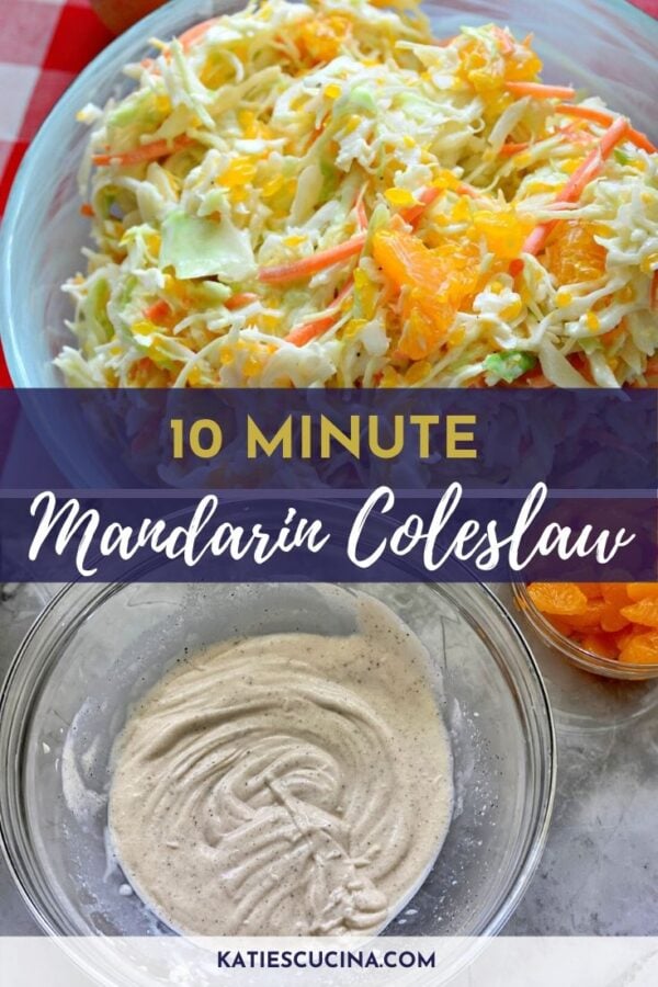 Overhead view of homemade coleslaw sauce and finished coleslaw with text