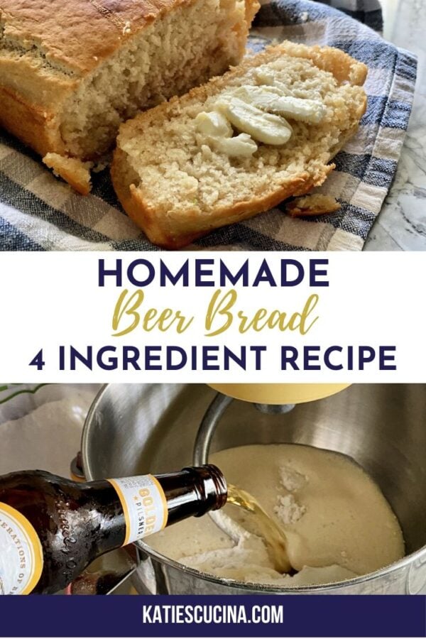 Two photo collage of beer bread with title text for Pinterest.