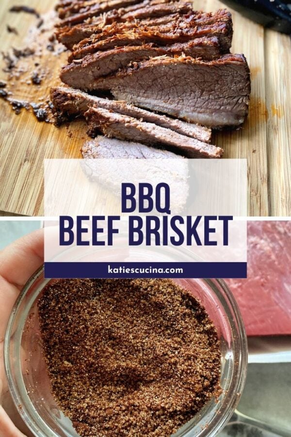 Sliced beef on cutting board with a photo of spices in a glass bowl.