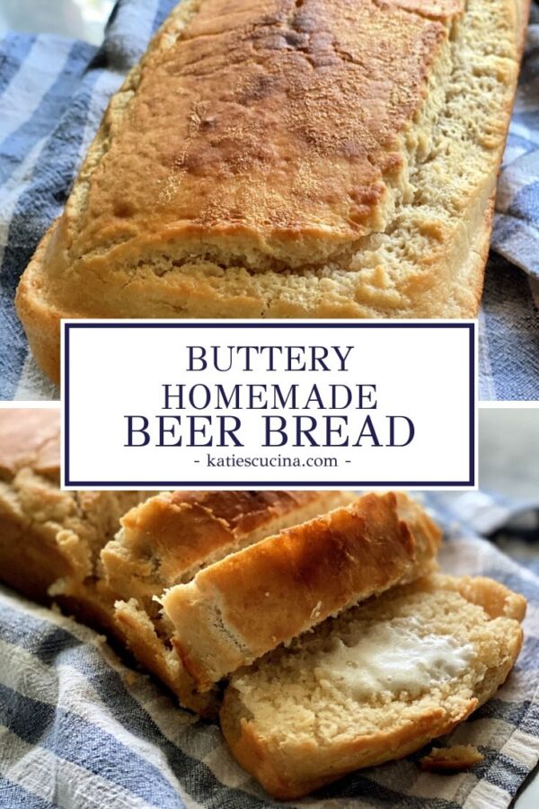 two different angles of Beer Bread on blue checkered tablecloth with title text for Pinterest.