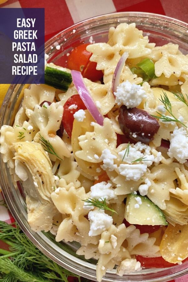 top view of pasta salad with text on photo.