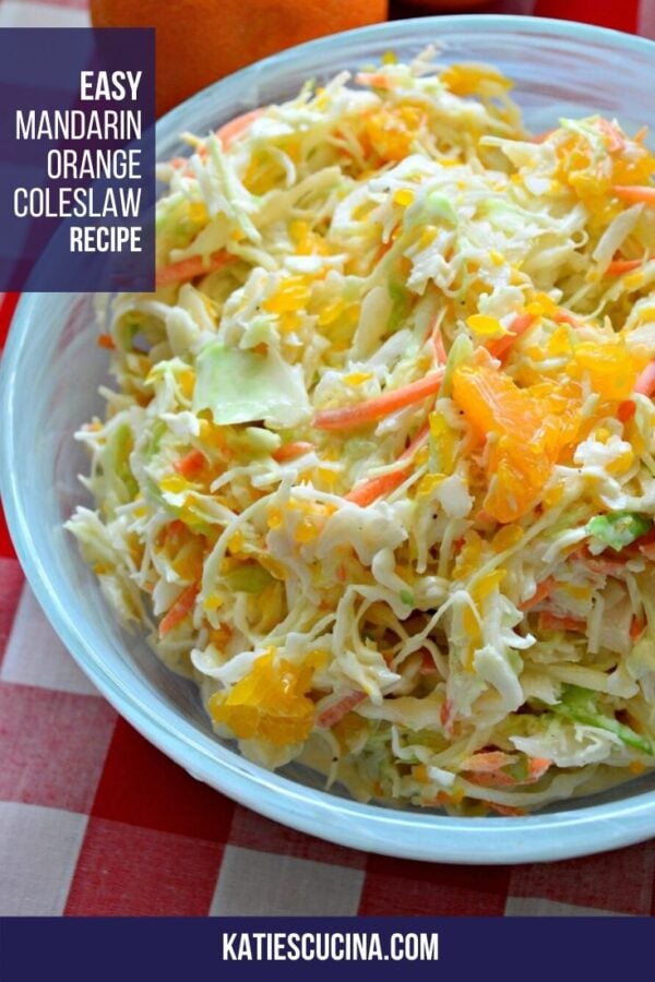 Closeup of a bowl of coleslaw in a blue bowl on a red and white checkered tablecloth.