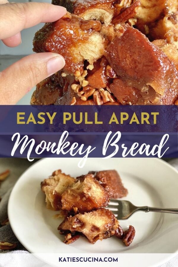 Hand pulling apart bread plus bottom photo of bread on white plate.