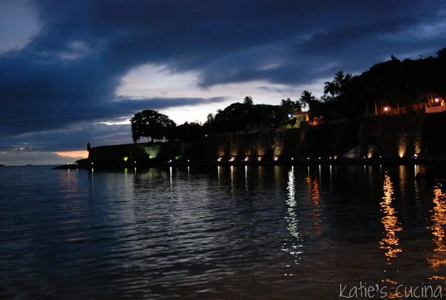 Dimly Lit Fort on the water in Old San Juan Puerto Rico just after sunset.