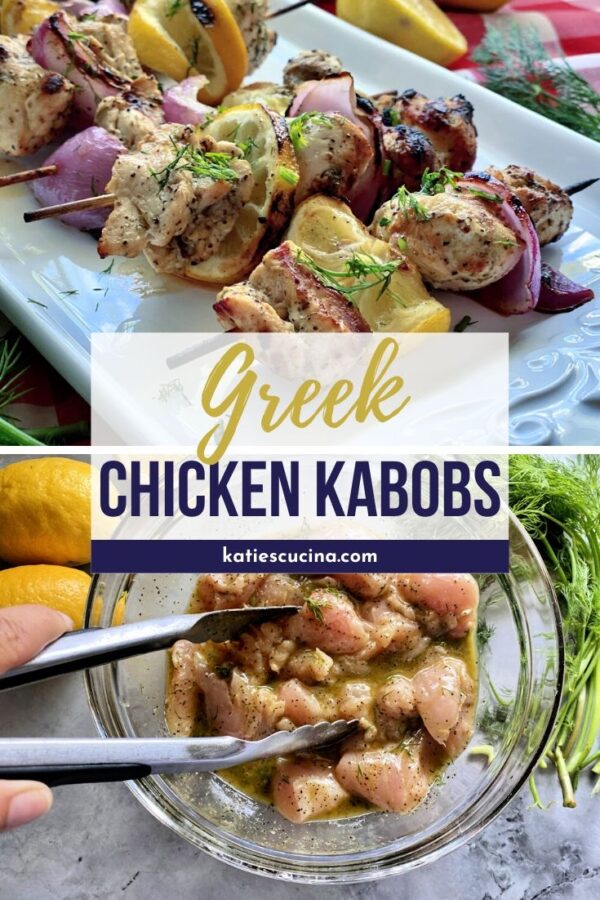 Chicken kabobs on a platter divided by text and bottom photo with raw chicken in marinade.