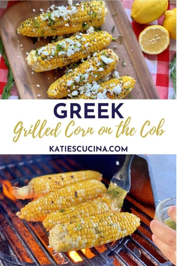 Topped corn on the cob on a try with text in the middle and grilled corn on the bottom.