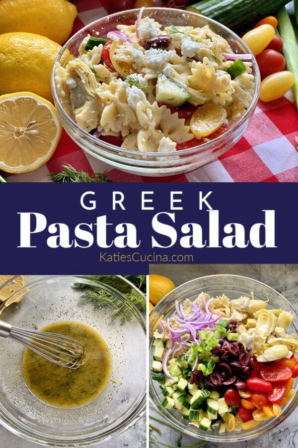 Three photos of various pictures of pasta salad; top finished pasta salad, bottom left is dressing, bottom right vegetables.