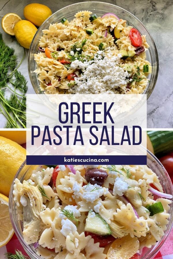 Pasta salad with feta in a glass bowl with text on image in the middle and upclose pasta salad on the bottom.