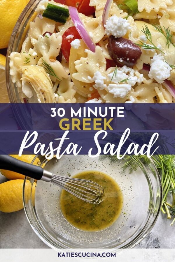 Upclose of bow tie pasta salad with feta, dill, and vegetables. Divided by text and a bottom photo of dressing.