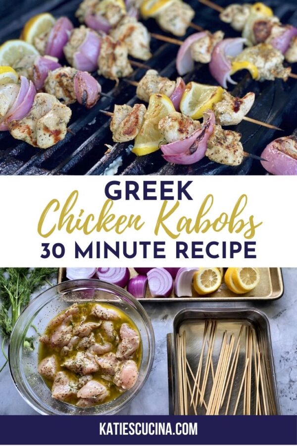 Two photos of chicken kabobs with text for Pinterest.
