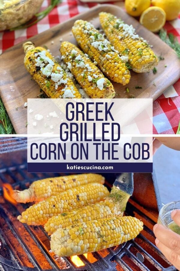 Corn on a wood platter with text in the middle for pinterest. Corn on the bottom on the grill.