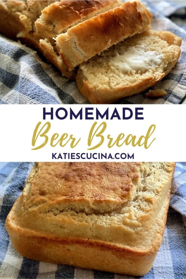 Vertical Pinterest Pin with two images of two different angles of Beer Bread.