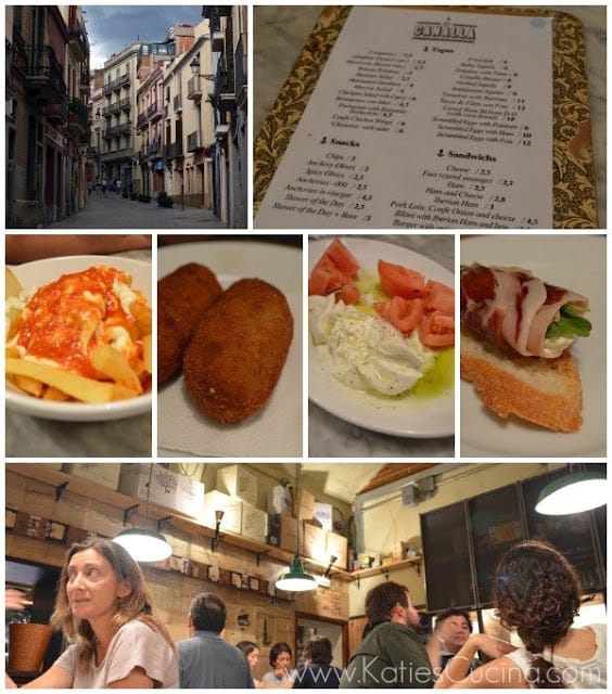 Collage with restaurant street view, its menu, select tapas, and interior lined with vintage newspaper.