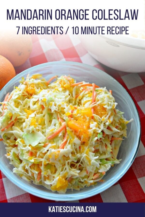 Overhead view of coleslaw in a blue bowl with text on image for Pinterest.