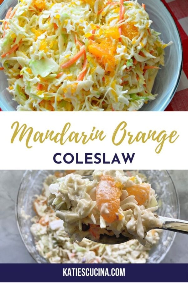 Overhead view of coleslaw in a bowl and on a spoon with text on image.