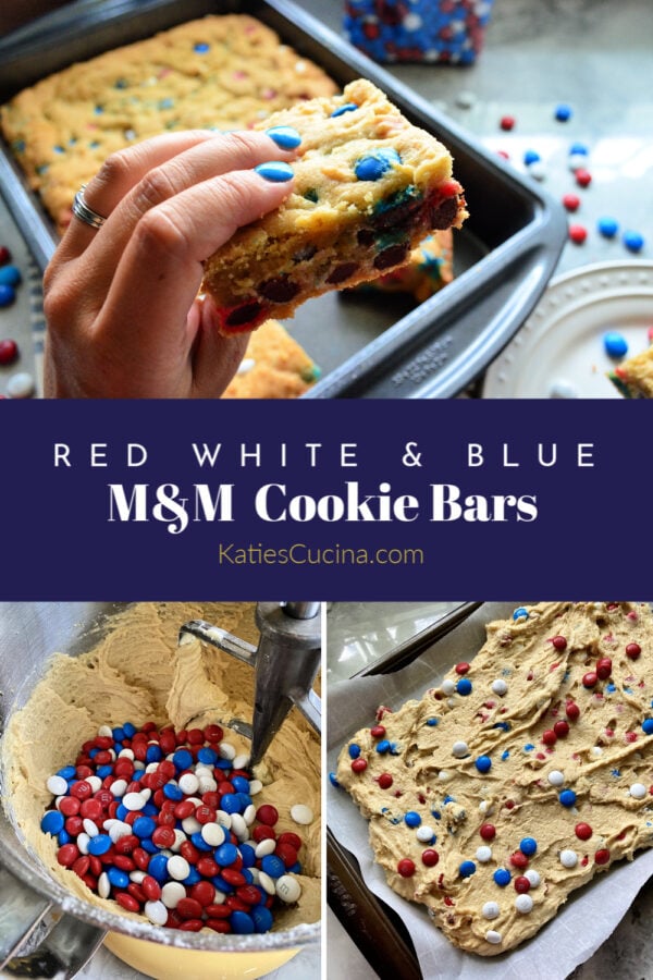 Two process and one final photo of m&m cookie bars with text on image.