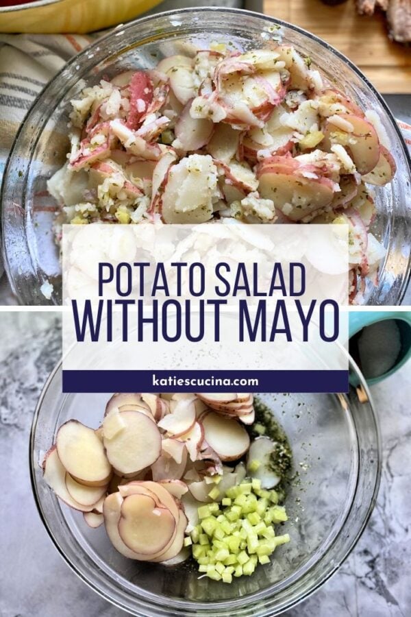 Sliced red potatoes in a glass bowl with ingredients for potato salad in another bowl.