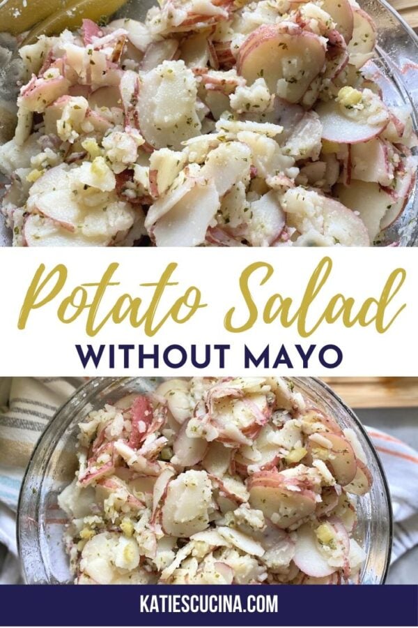 Two photos of sliced potato salad in glass bowls with text on image.