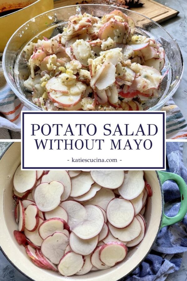 Glass bowl with sliced potatoes for salad divided by text with sliced raw potatoes in a pot.