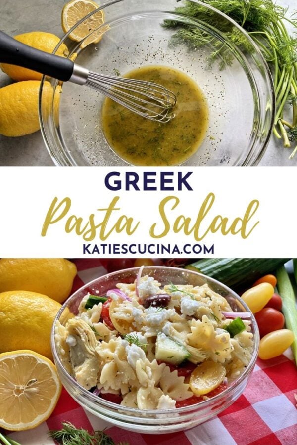 A glass bowl with a whisk and homemade Greek dressing with a photo of pasta salad on the bottom.
