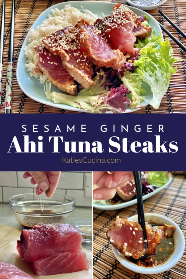 Three photo collage with text of sliced fresh seared tuna.