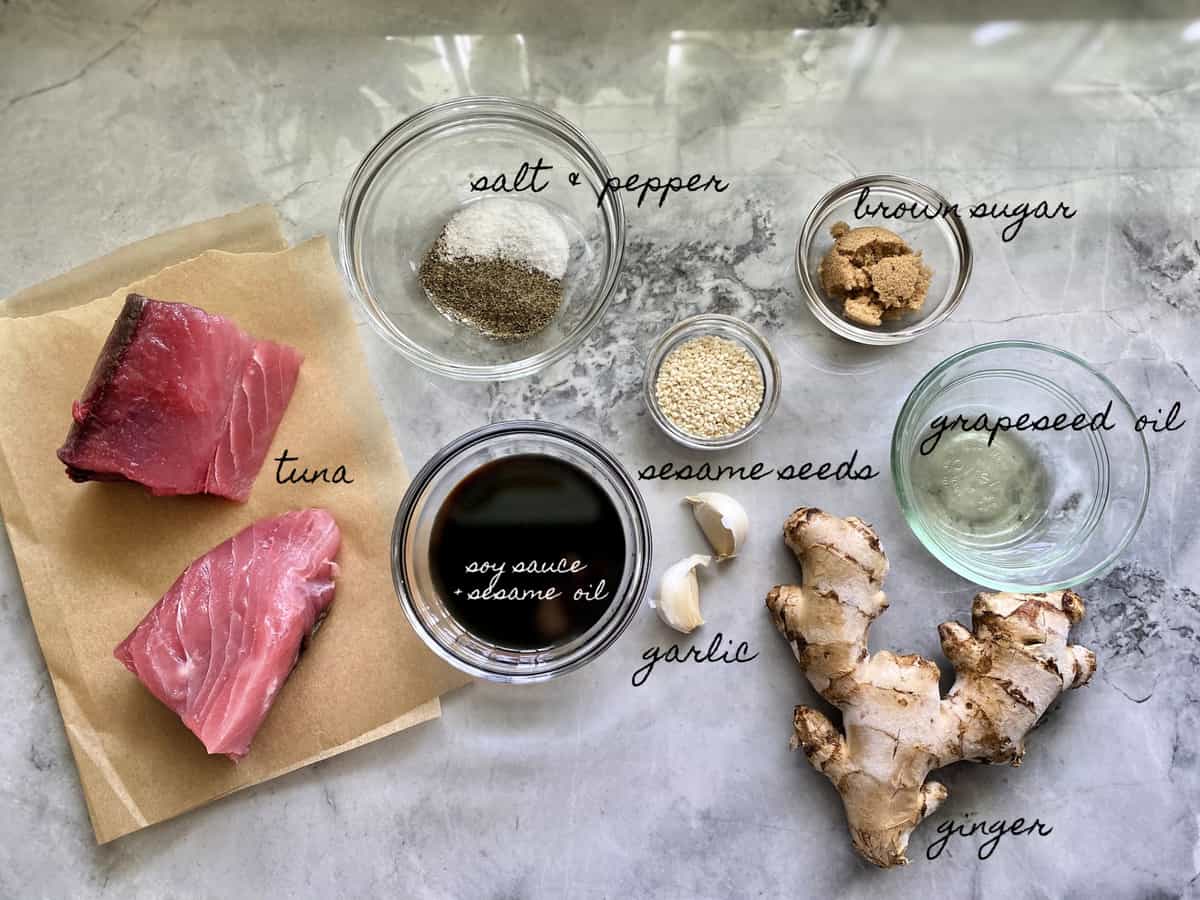 Ingredients: tuna, salt, pepper, brown sugar, sesame seeds, garlic, ginger, soy sauce, sesame oil.