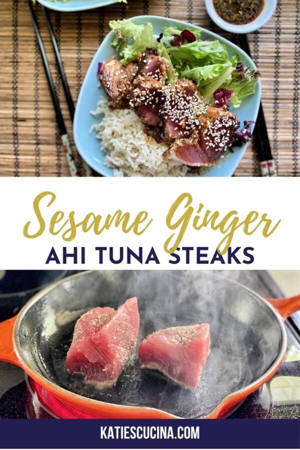 Top plate of seared sliced tuna on white rice split by text with seared tuna on bottom.