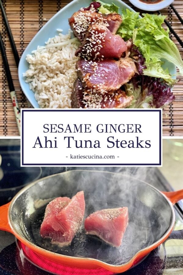 Top photo of finished sliced tuna on white rice divded by text bottom seared tuna.