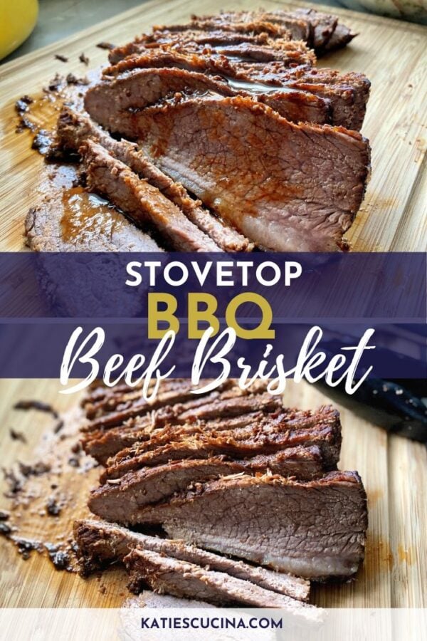 Two angles of sliced beef on a wooden cutting board with text on photo for Pinterest.