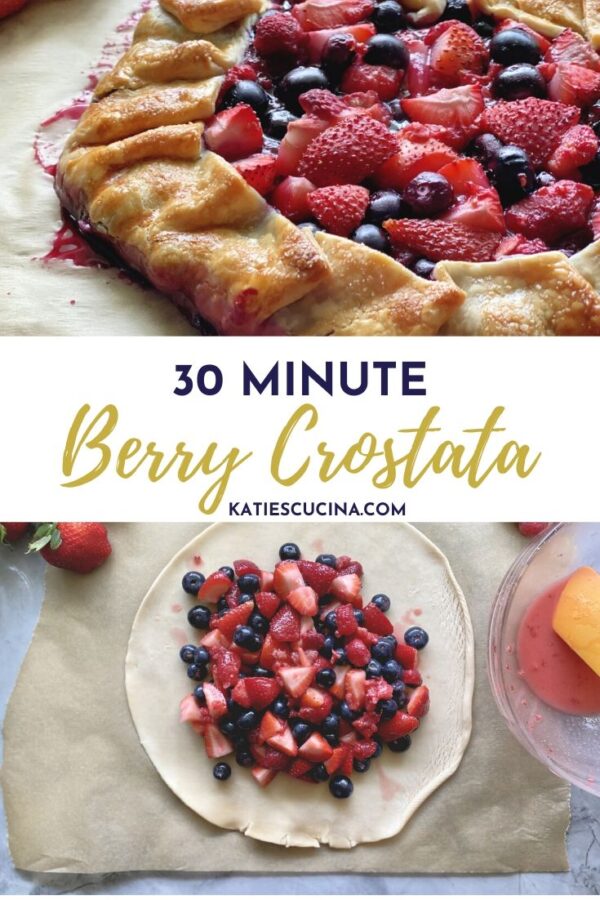 Two photos: Top of baked berry crostata, bottom of the process of making it.