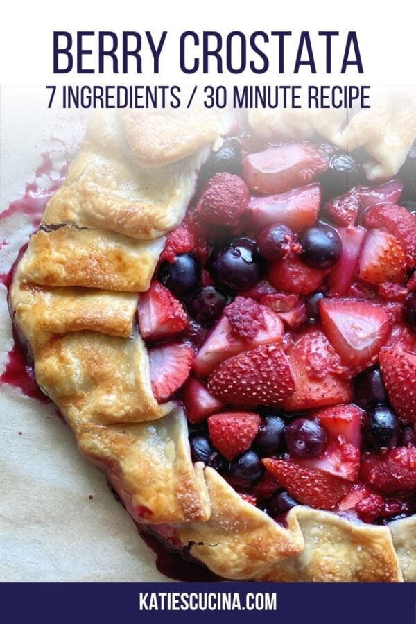 Top view of baked berry crostata with text for Pinterest.