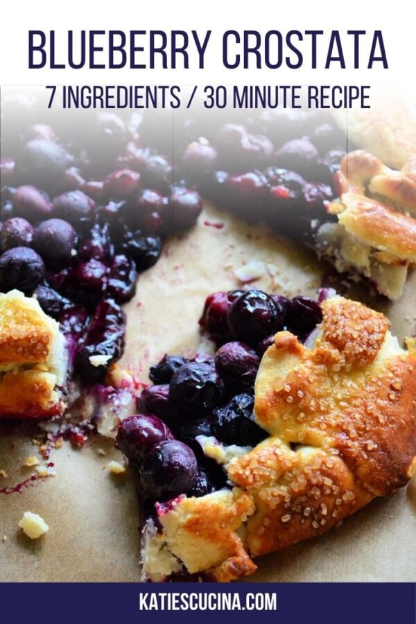 Sliced blueberry crostata on brown parchment paper with text on image.