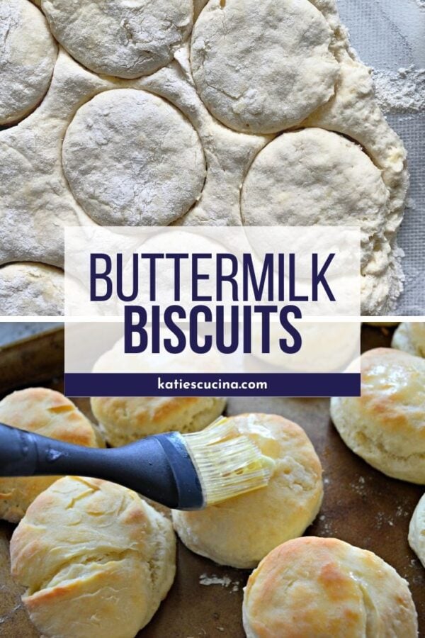 Two photos of cut out biscuits and cooked biscuits with text.